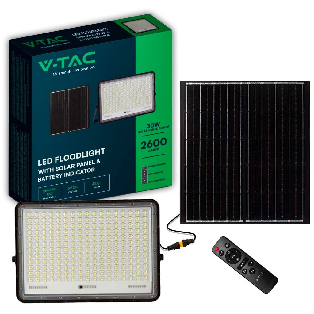 V-TAC Faro LED con Pannello Solare 30W Telecomando Batteria sostituibile Cavo 3m Nero 6400K