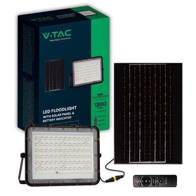 V-TAC Faro LED con Pannello Solare 15W Telecomando Batteria sostituibile Cavo 3m Nero 6400K