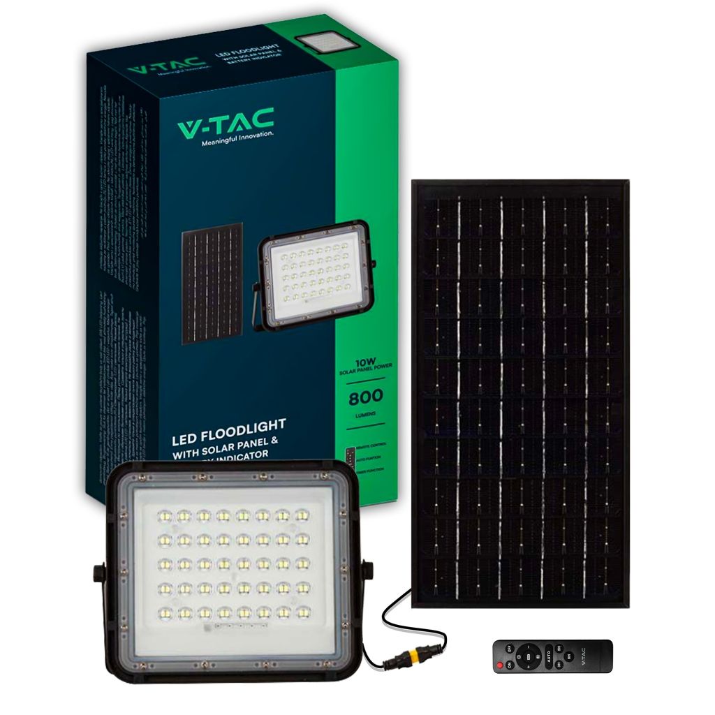 V-TAC Faro LED con Pannello Solare 10W Telecomando Batteria sostituibile Cavo 3m Nero 4000K