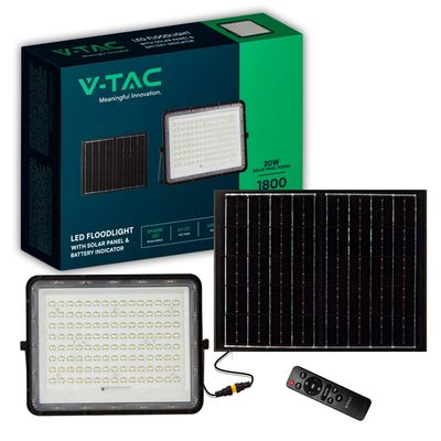 V-TAC Faro LED con Pannello Solare 20W Telecomando Batteria sostituibile Cavo 3m Nero 4000K