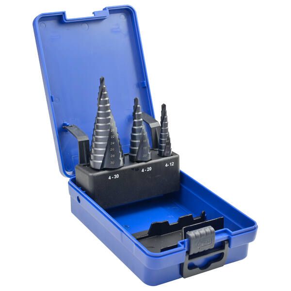 SET ALLARGAFORI A GRADINO HSS-COBALTO+TIALN (NITRURO DI ALLUMINIO E TITANIO) C/TAGLIENTI ELICOIDALI AD ALTISSIMO RENDIM. 83-84-86 3 PEZZI TEKNO TOP