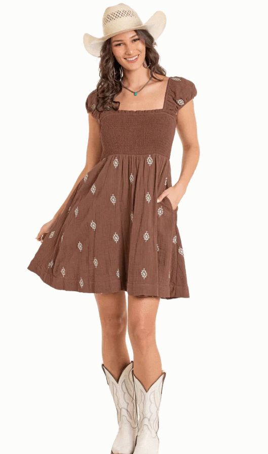Rock &amp; Roll Denim Women&#39;s Wo Brown Aztec Embroidered Mini Dress BWD1R06321
