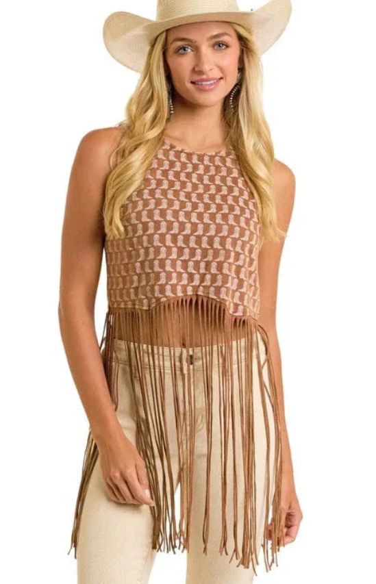 Rock &amp; Roll Denim Women&#39;s Wo Brown Boot Print Fringe Top BW20T06310
