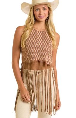 Rock &amp; Roll Denim Women's Wo Brown Boot Print Fringe Top BW20T06310