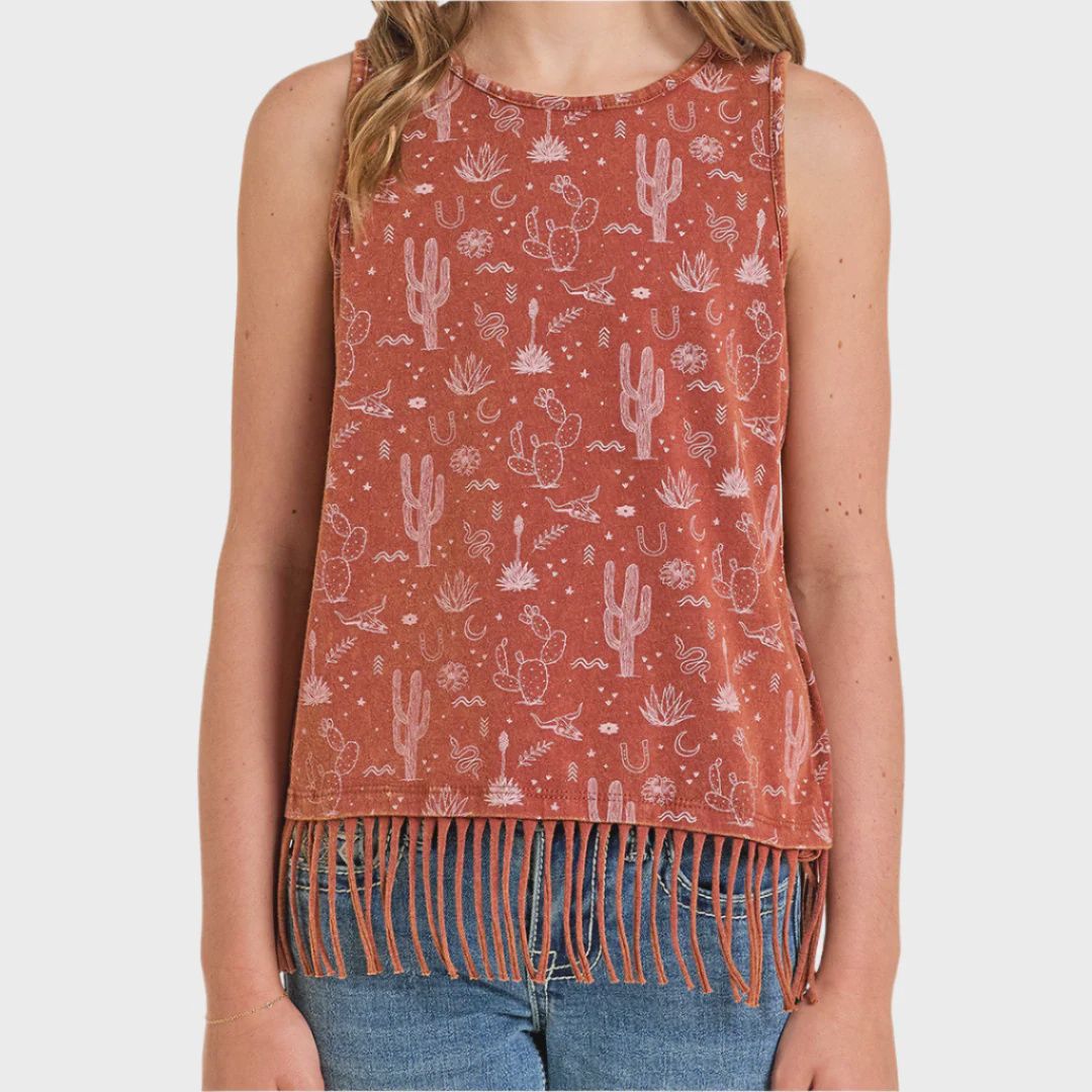 Rock &amp; Roll Denim Children's  Rust Desert Print Fringe Tank Top BG20T06292