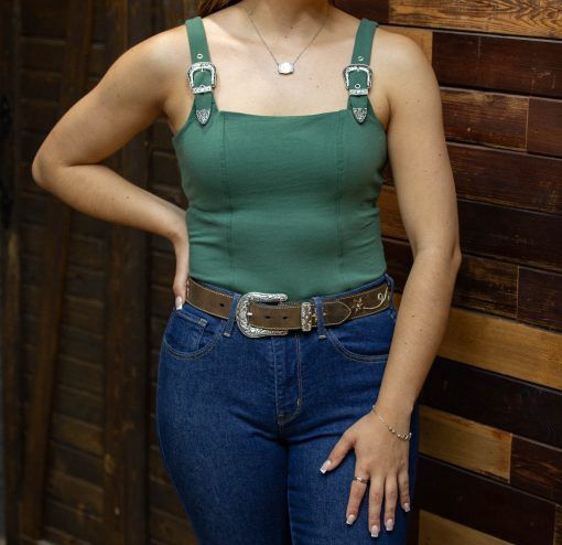 Rock &amp; Roll Denim Women's Green Square Neck Tank with Buckles BW20T06283