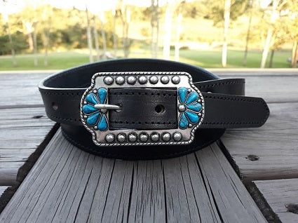 KLW Women's Sara Black Belt with Turquoise stones L1993