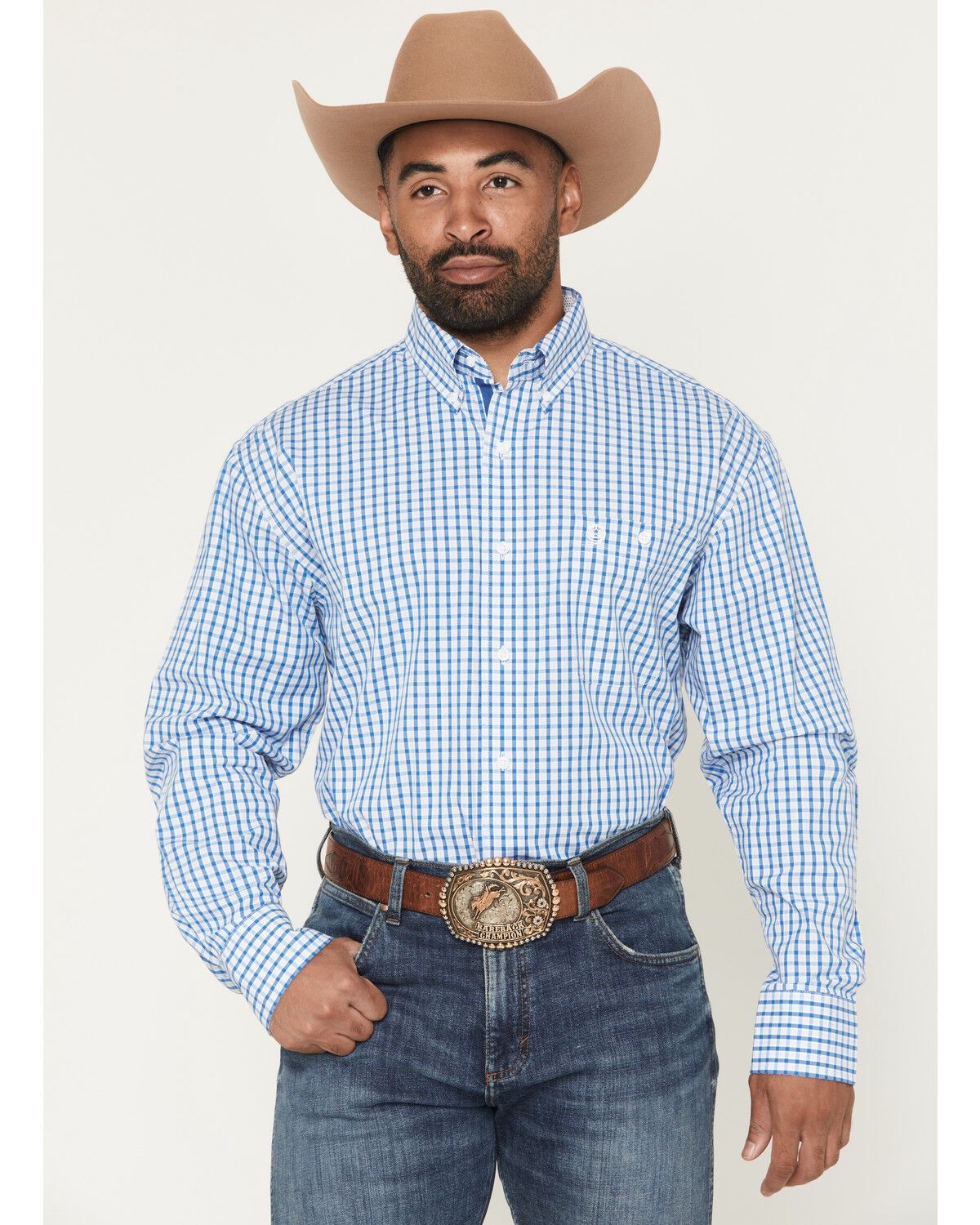 Wrangler George Strait Men's LS Button Down Atlantic Check One Pocket Shirt 112368200