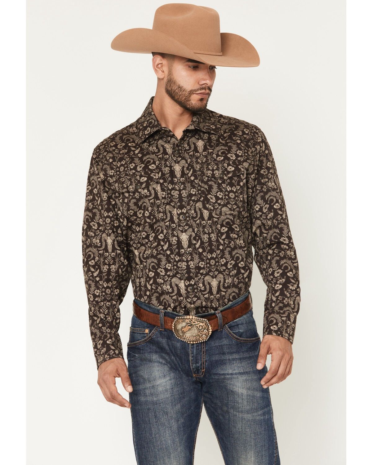 Wrangler Retro Men's Brown Printed Long Sleeve Snap Shirt-112368220