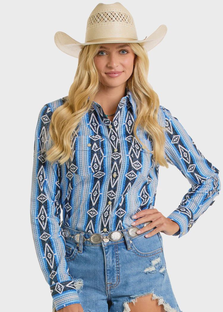 Rock&amp;Roll Denim Women's Blue Aztec Print Snap LS SHIRT-BWN2S06491