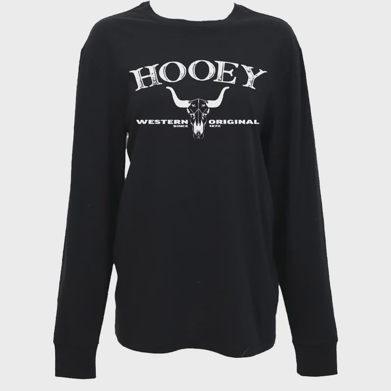 Hooey Ladies Icon Black Crew Neck LS Tee with White Logo HT1914BK