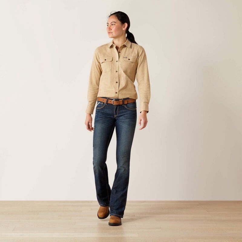 Ariat Rebar Womens Oatmeal Heather Long Sleeve Flannel 10052943