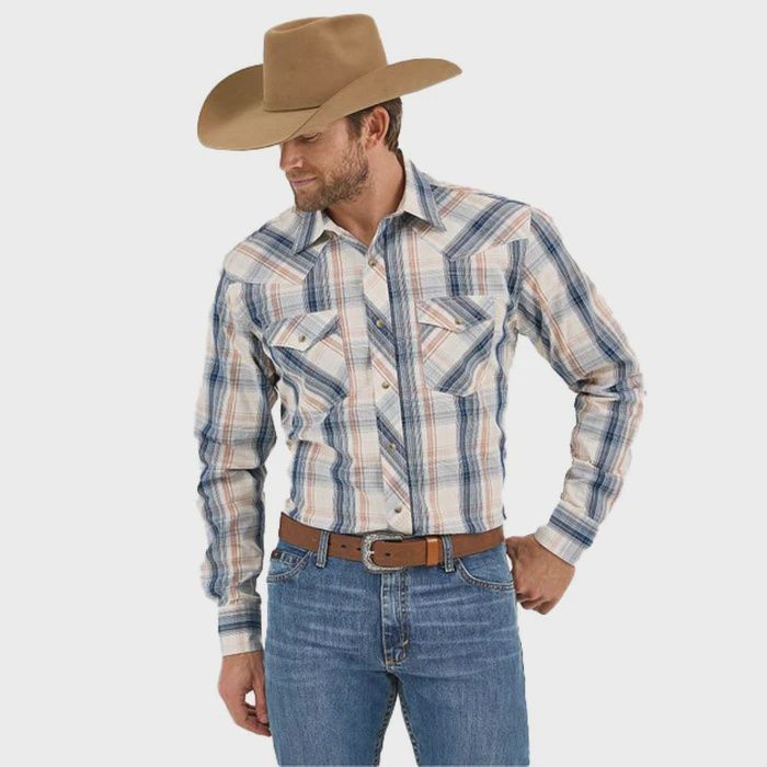 Wranger Mens 20X Comfort White/Blue Plaid Long Sleeve Pearl Snap Shirt 112359546