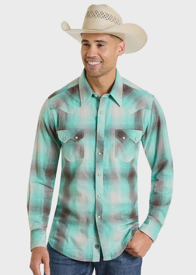Rock&amp;Roll Mens Turquoise Plaid Pearl Snap BMN2506485