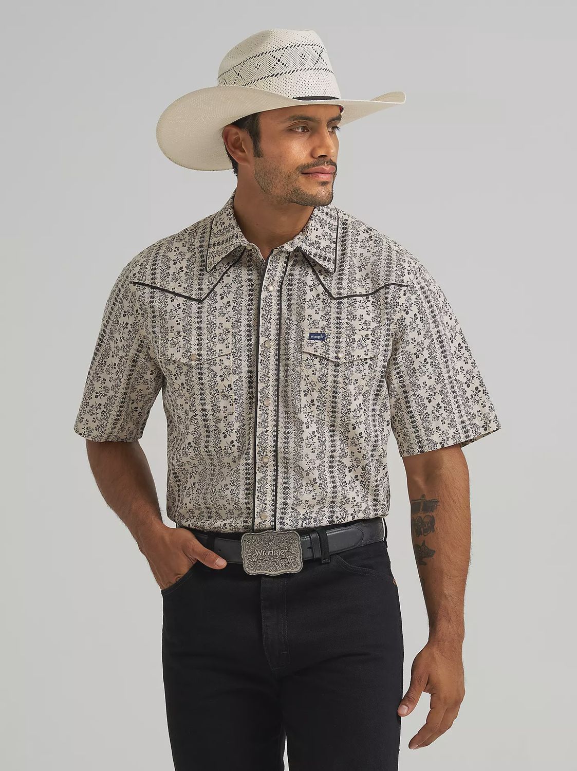 Wrangler Vintage Inspired Piped Print Mens Snap Shirt 112374815