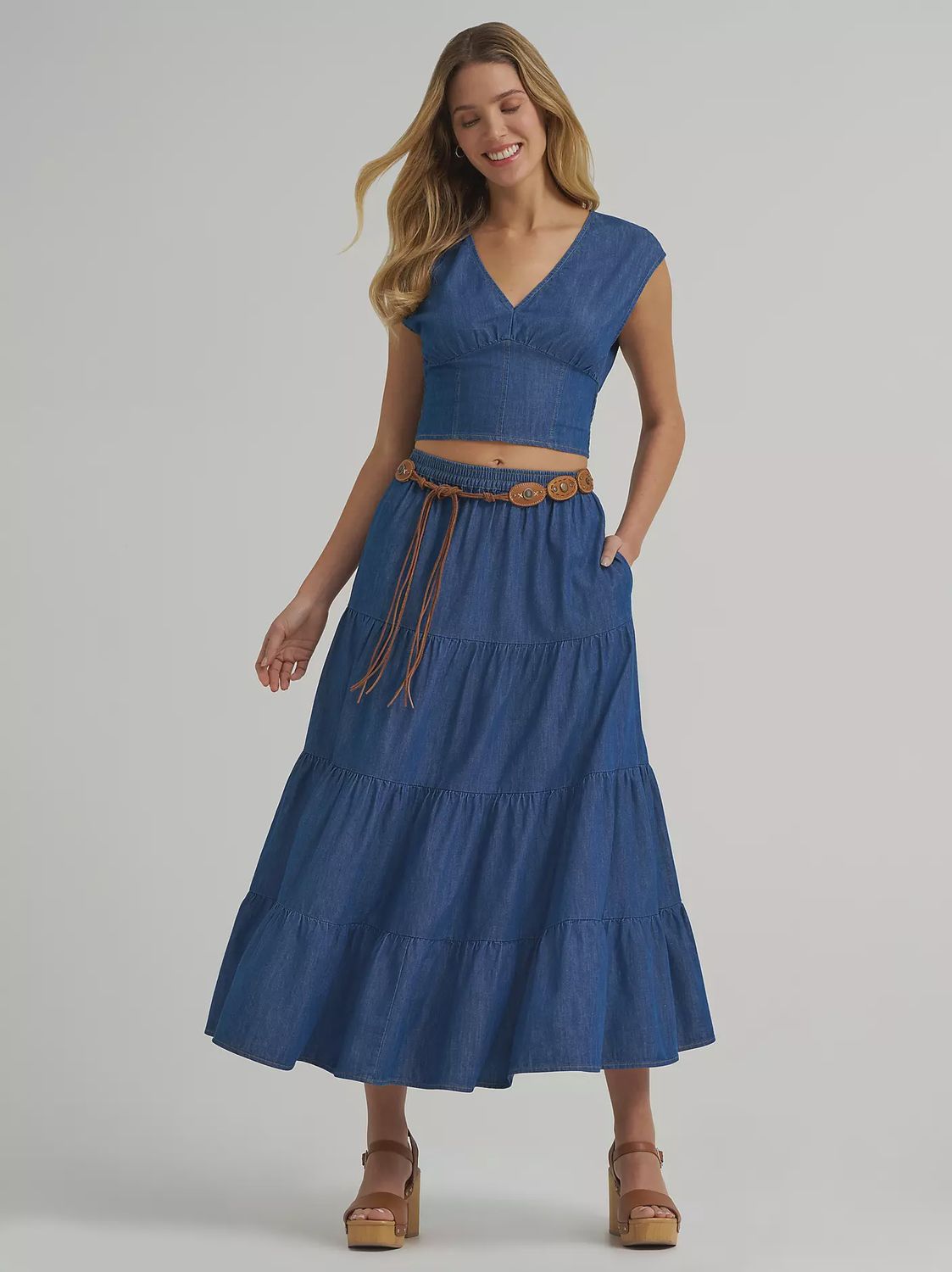 Wrangler Womens Denim Tiered Maxi Skirt 112375219