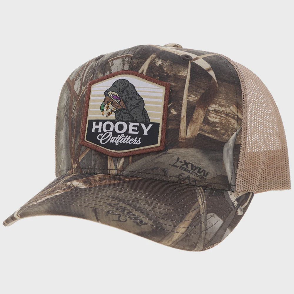 Hooey Mens Remi Camo and Tan 6 Panel Trucker with Tan and Black Lab Dog Patch 6034T CATN