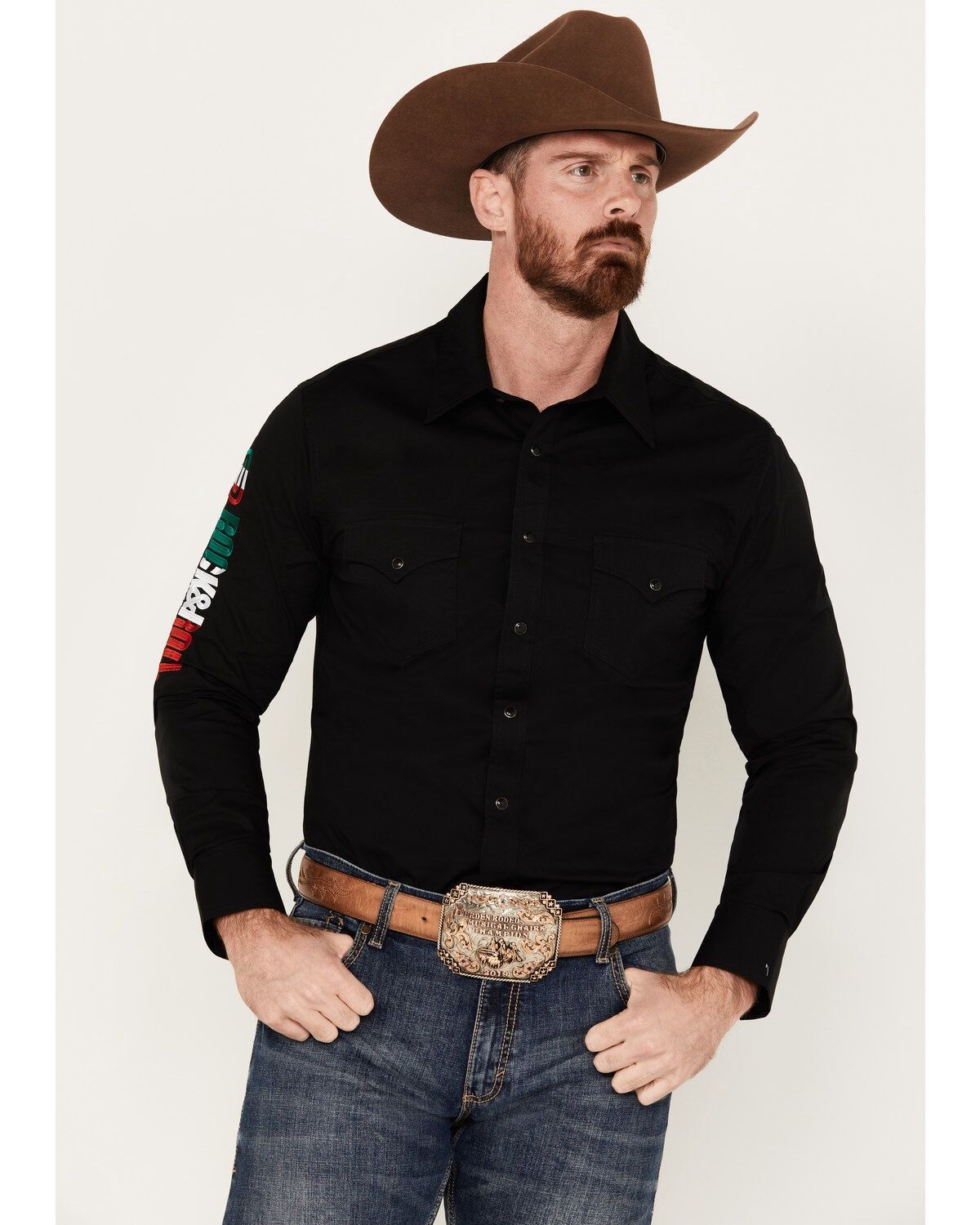 Rock&amp;Roll Men's LS Black Shirt With Sleeve Embroidery BMN2S06264