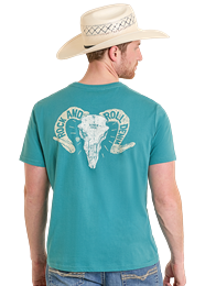 Rock&amp;Roll Denim Mens Ram Skull Graphic SS Tee BU21T08607