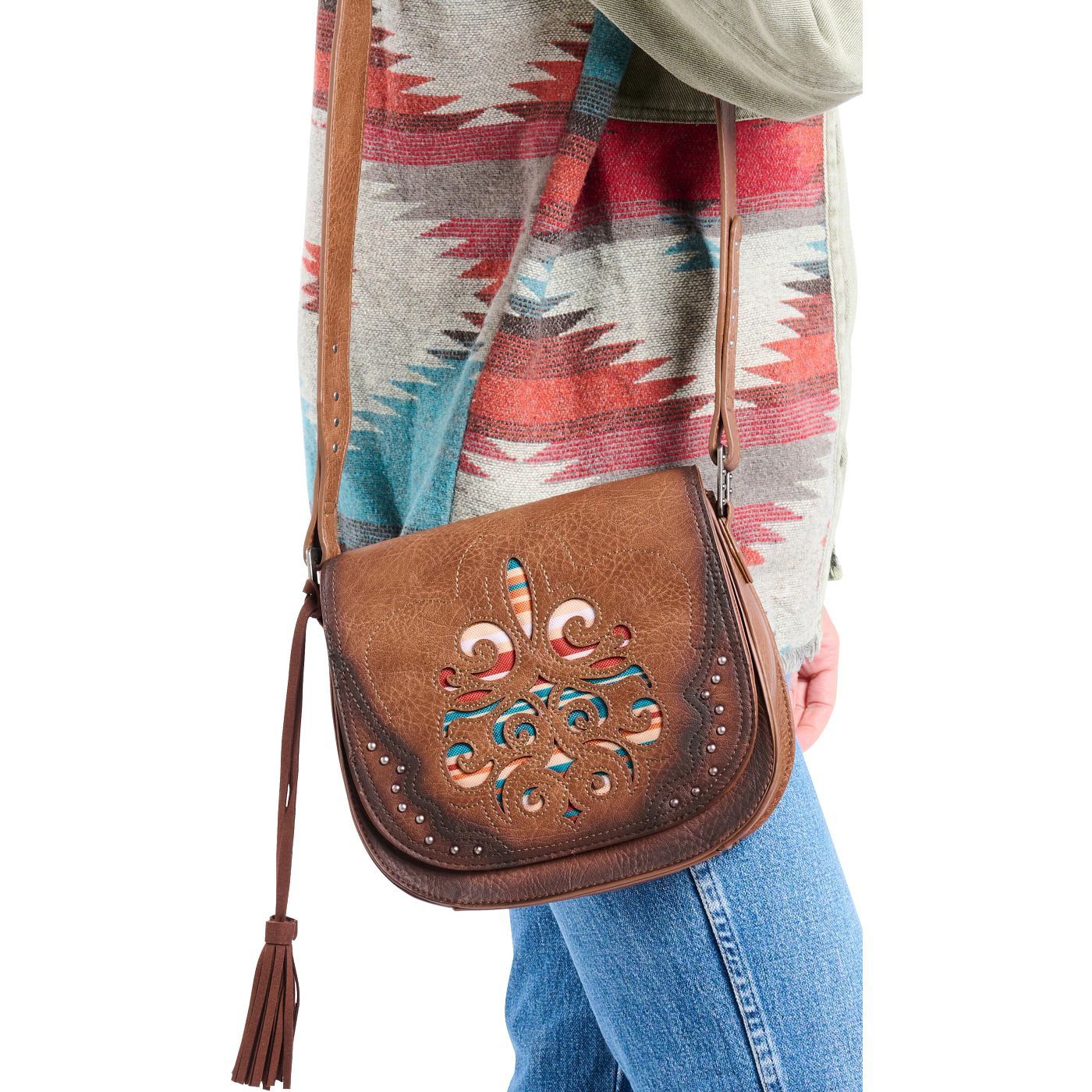 Justin Ladies Saddle Bag Brown Burnished W/Multicolored Inlay 24019531