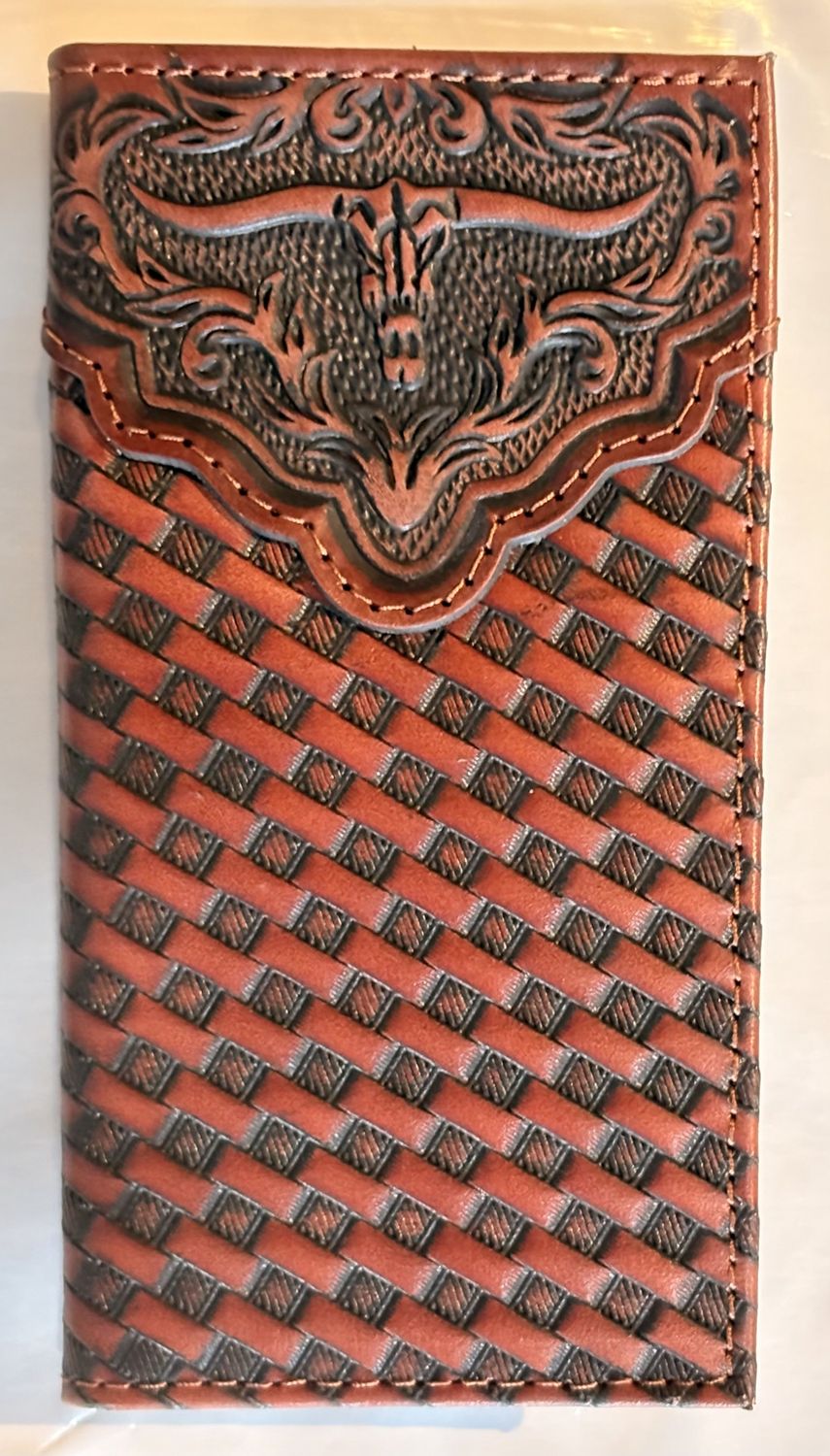 Justin Men's Genuine LeatherJr Rodeo Wallet Embossed Yoke with Basketweave and Steerhead 2512394811