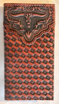 Justin Men's Genuine LeatherJr Rodeo Wallet Embossed Yoke with Basketweave and Steerhead 2512394811