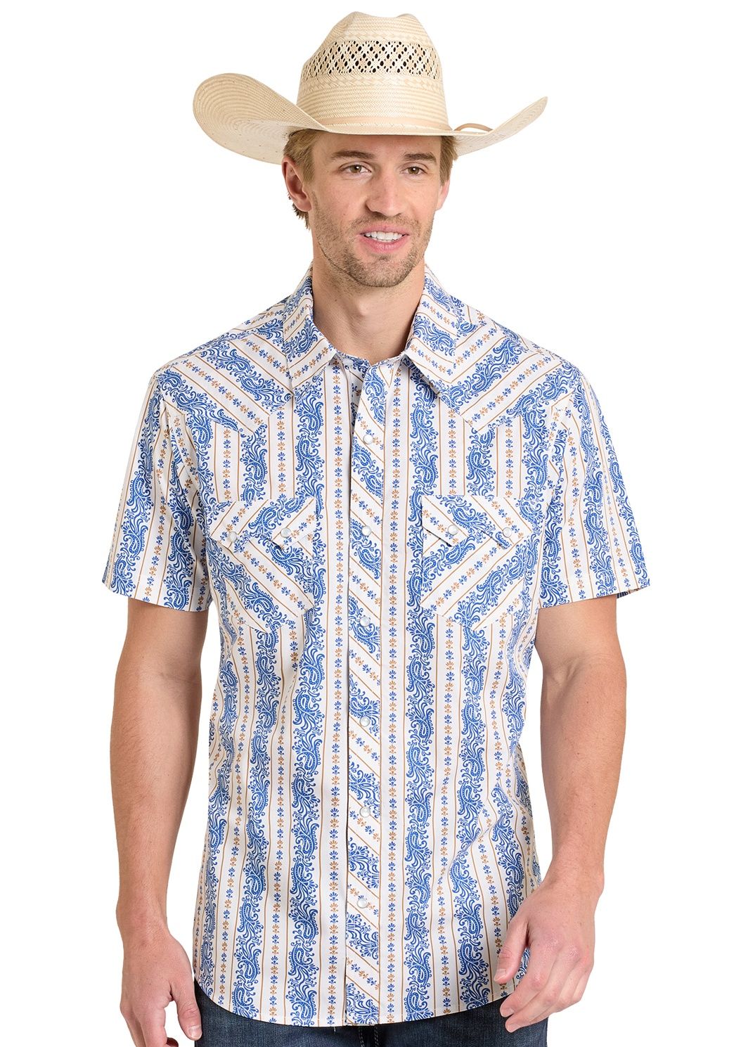 Rock and Roll Men's Paisley Strip Print Snap Short Sleeve Shirt BMN3S08315