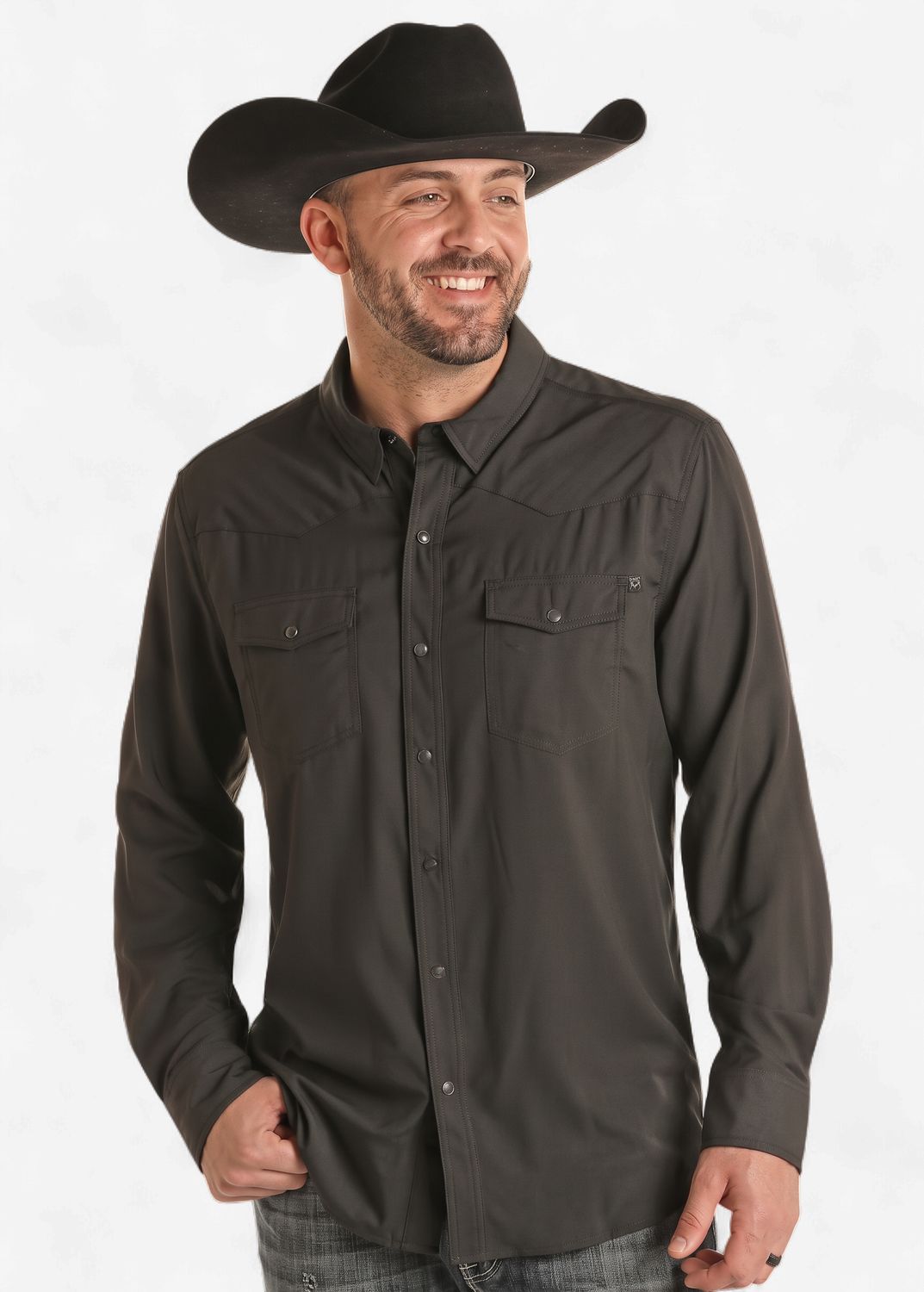 Rock&amp;Roll Denim Black Solid Pearl Snap Long Sleeve BMN2S06797