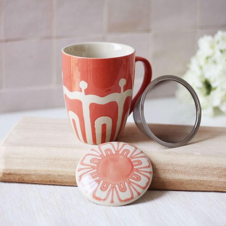 Teebecher mit Sieb &amp; Deckel „Sunrise Koralle“