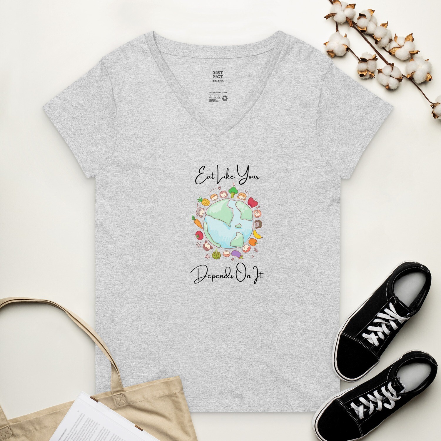 Women’s recycled v-neck t-shirt Eat Like Your Earth Depends on It