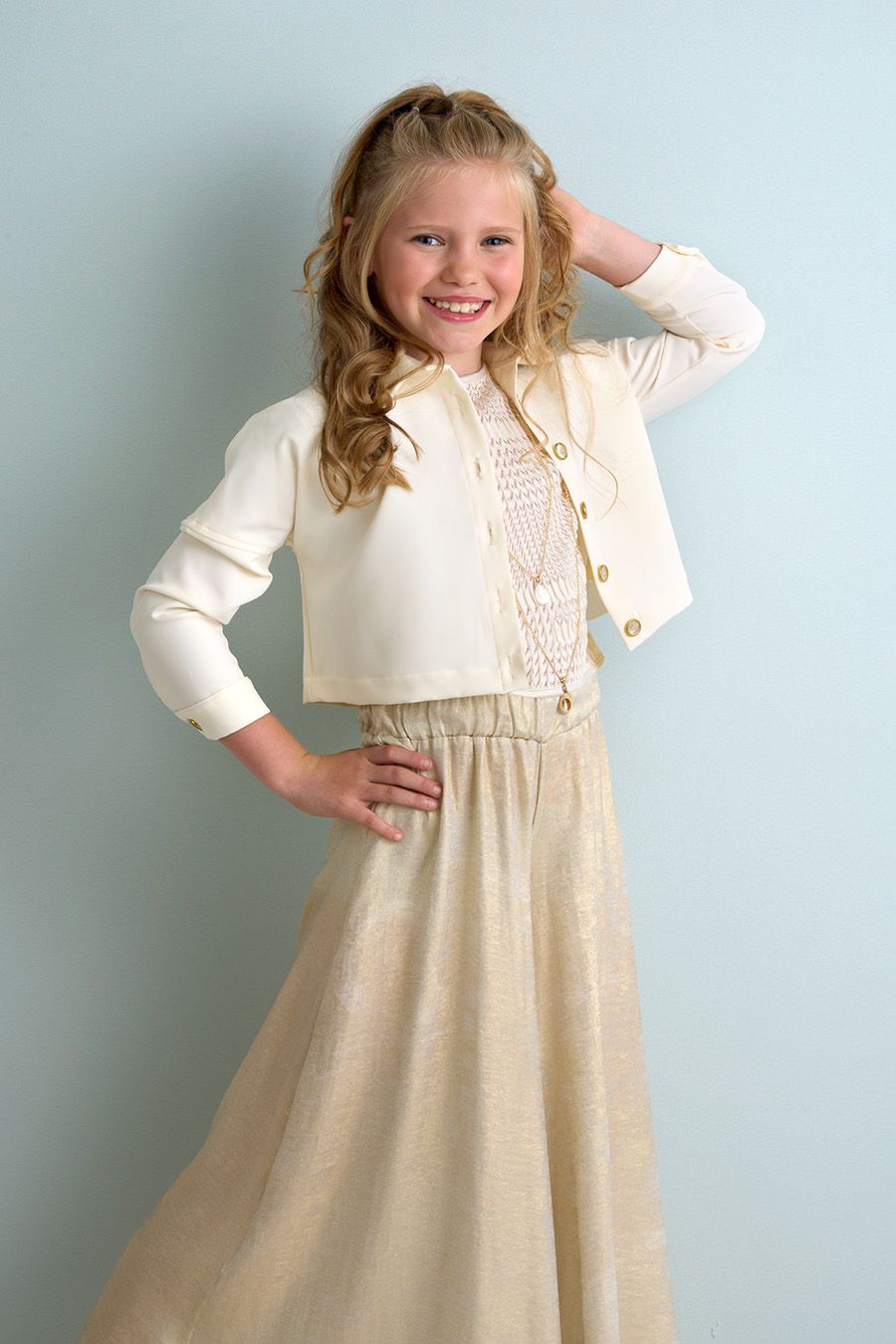 Diamante Blu 3-delige feestset "Miriam" crème & goud – jasje, top & lange rok