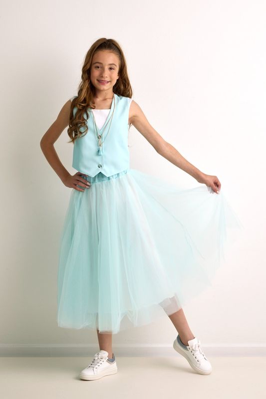 3-delige feestset “Saby” – muntgroene tulerok en gilet met witte top van Nina & Lucia 3-delige feestset “Saby” – muntgroene tulerok en gilet met witte top van Nina & Lucia