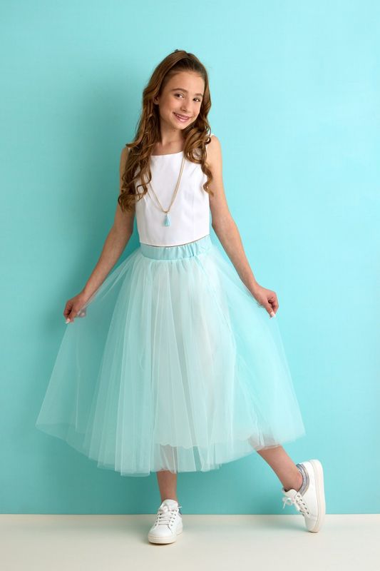 3-delige feestset “Saby” – muntgroene tulerok en gilet met witte top van Nina & Lucia