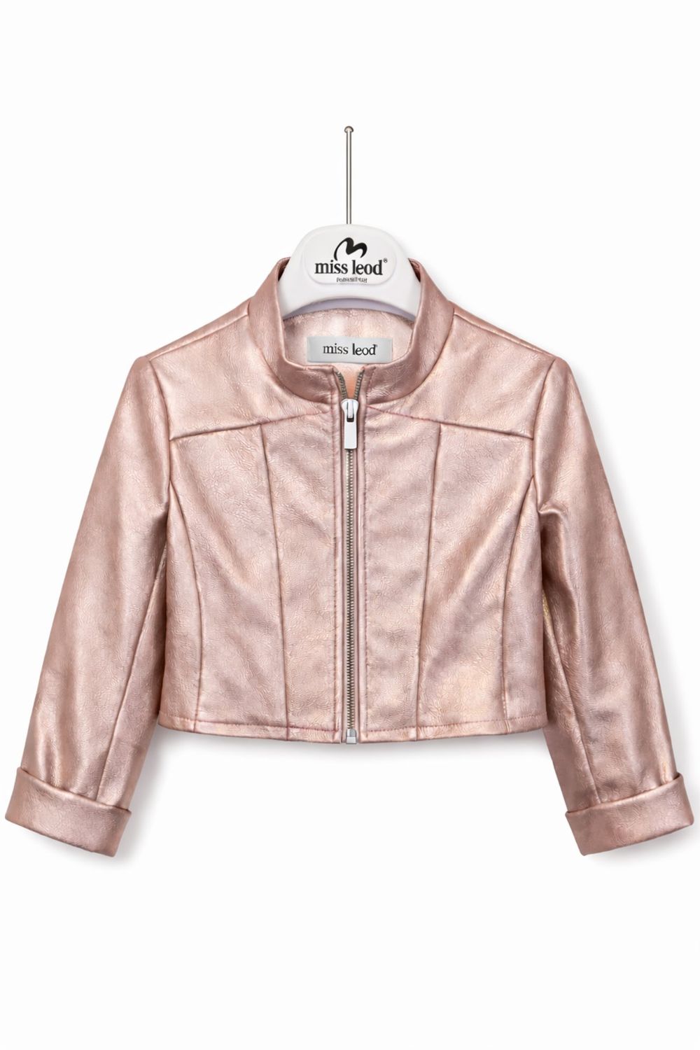 Rosé leather jasje – met rechte rits en gekropt model op de rug