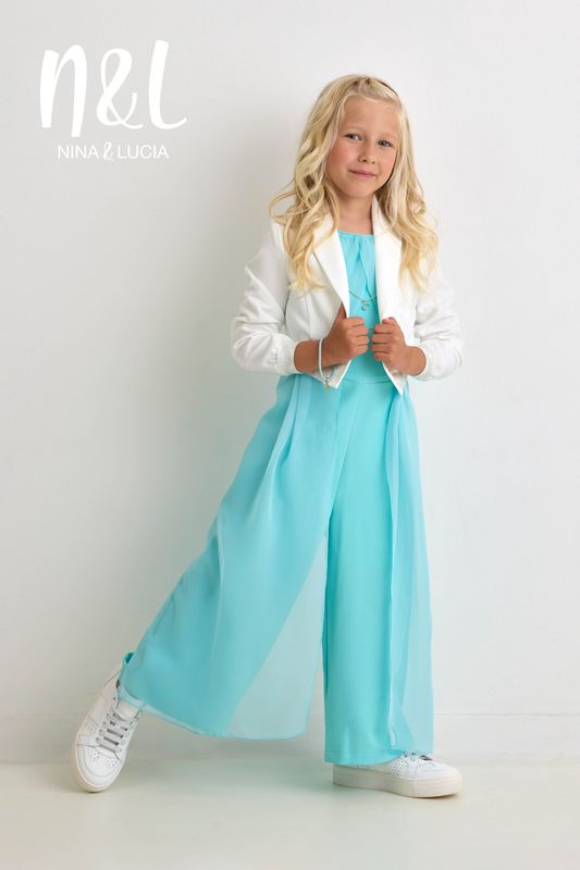Turquoise feestjumpsuit voor communie of lentefeest – Nina & Lucia
