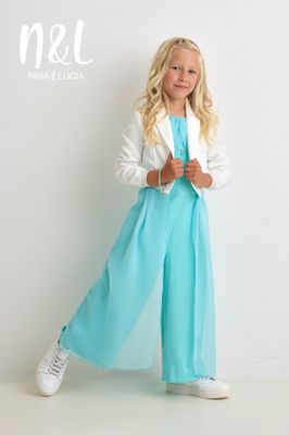 Turquoise feestjumpsuit voor communie of lentefeest – Nina & Lucia