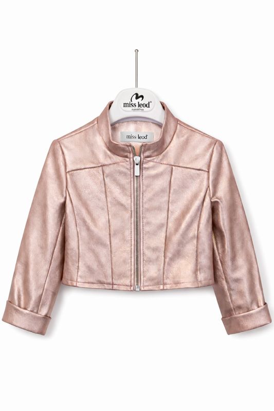 Rosé leather jasje – met rechte rits en gekropt model op de rug