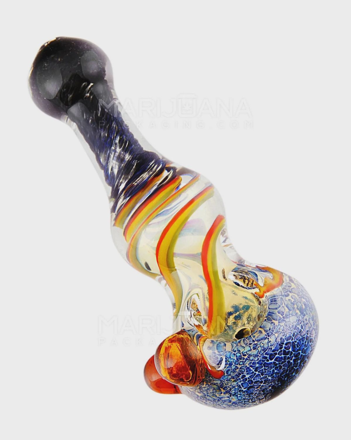 Fumed Stone Frit &amp; Swirl Rasta Spoon Hand Pipe w/ Triple Knockers | 5in Long - Glass - Assorted