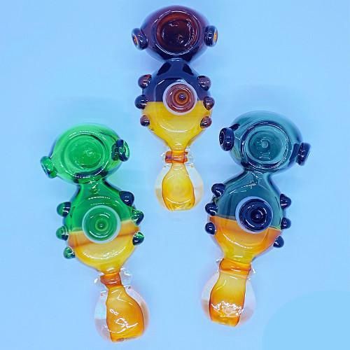 Glass Hand Pipe Yellow Fume Joint Color Tube With Buttons &amp; Fat Belly Spoon - 127 Grams - 5 Inches - Assorted Colors [S112]