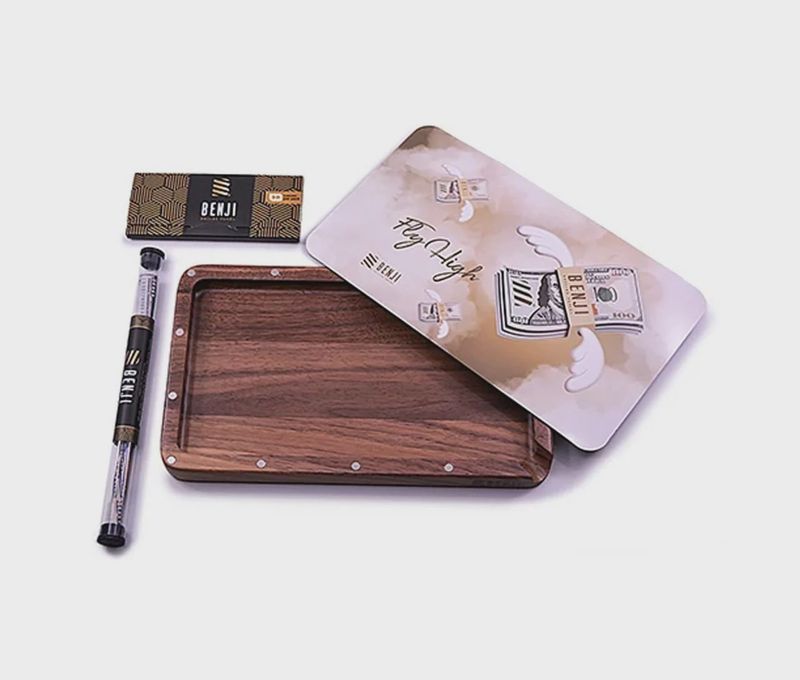 Benji Walnut Wooden Tray With Magnetic Lid + Pre-Rolled Cones + Rolling Papers Kit