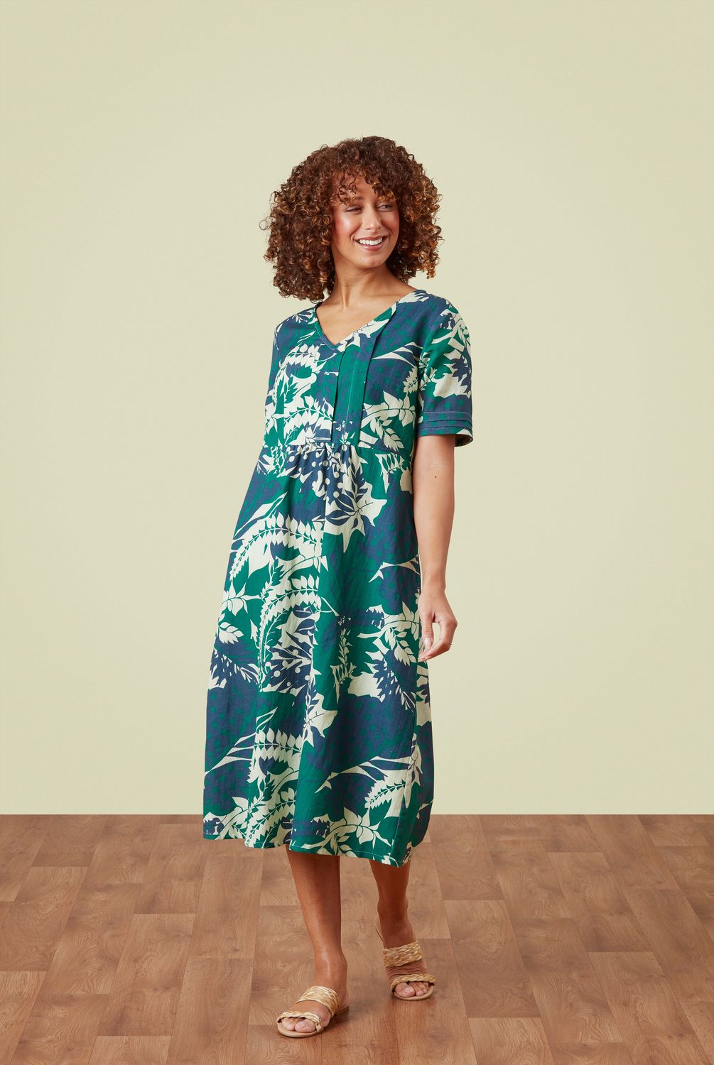 Etta Dress Polka Dot Palm Leaf in Ocean Marine
