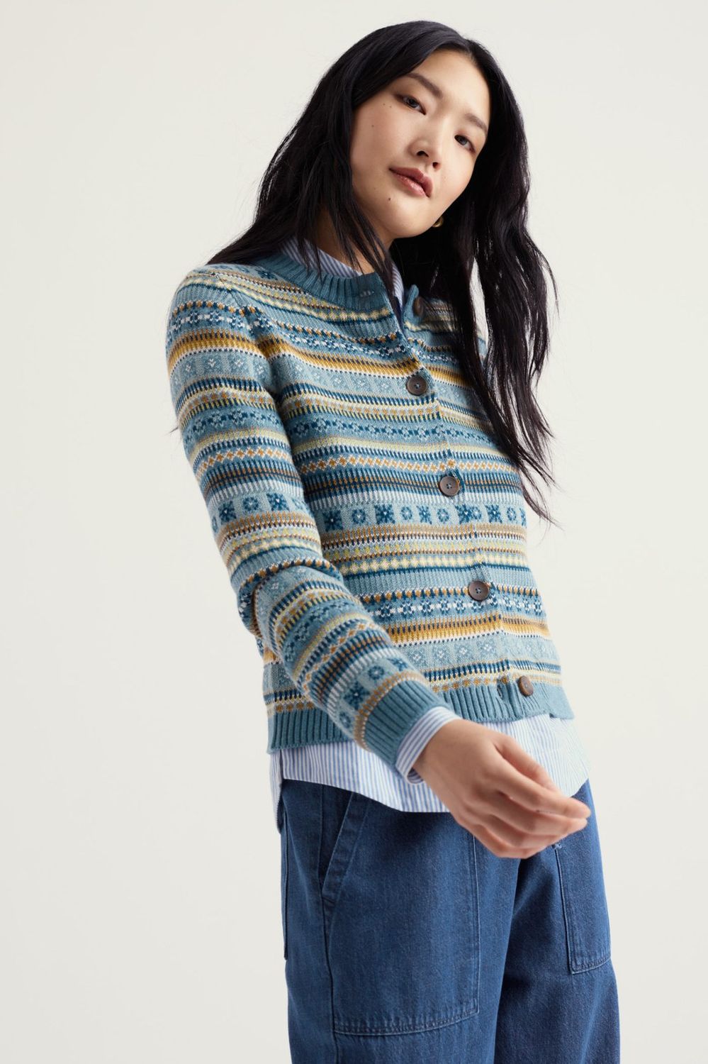 Cove Cottage Cardigan in Carved Relief Cadet Multi