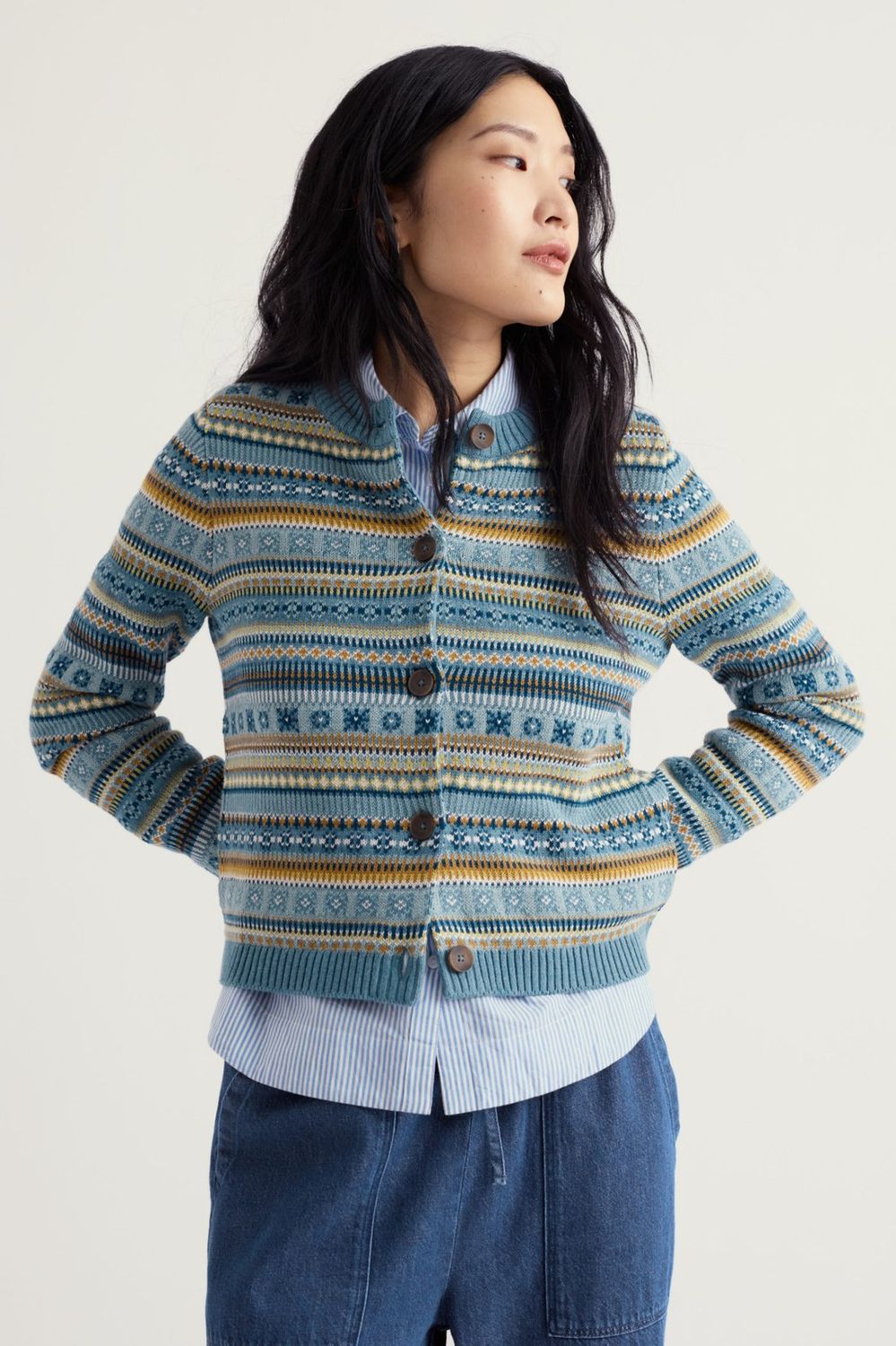 Cove Cottage Cardigan in Carved Relief Cadet Multi