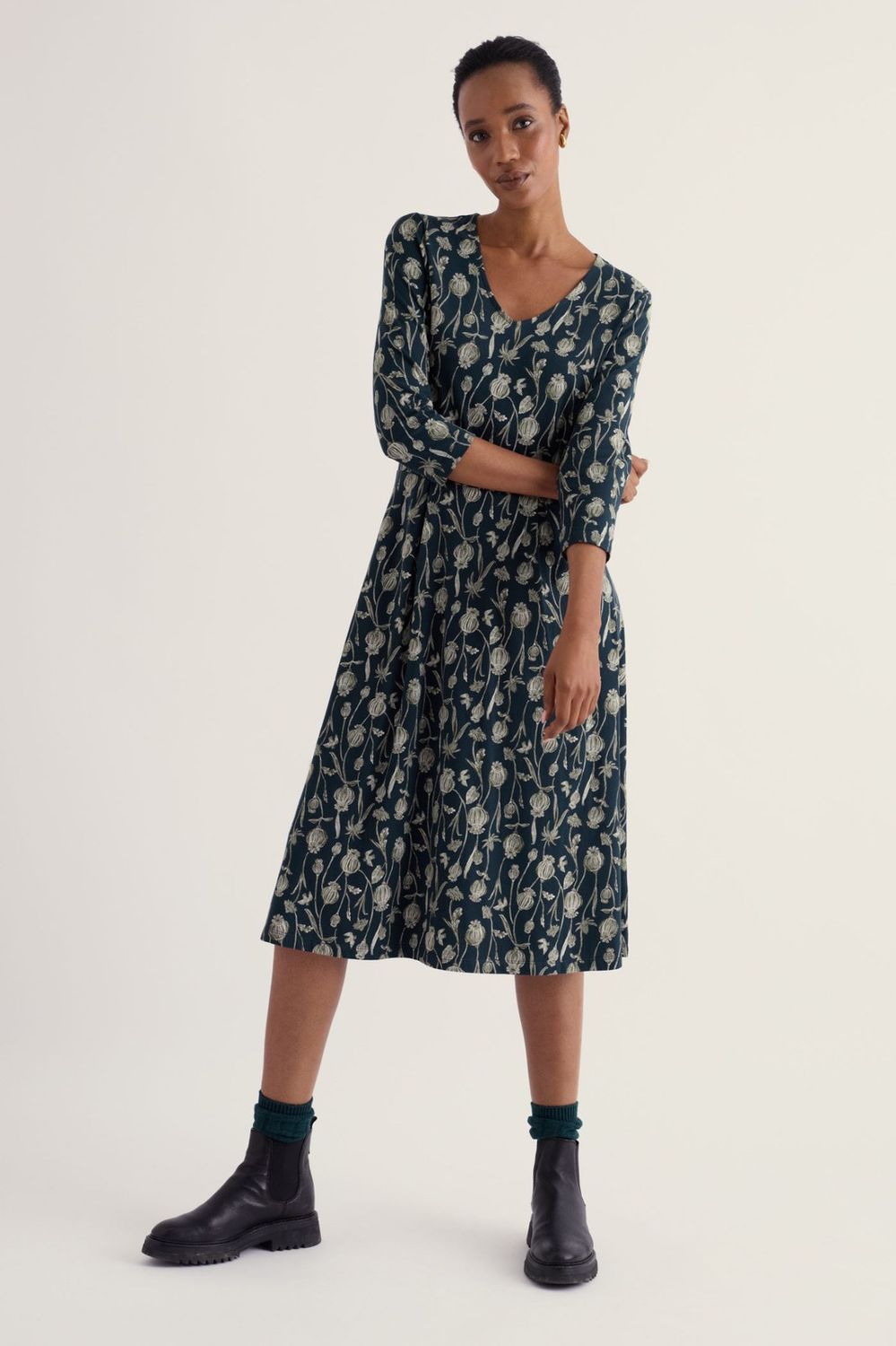 3/4 Pier View Dress in Lino Seedpods Maritime