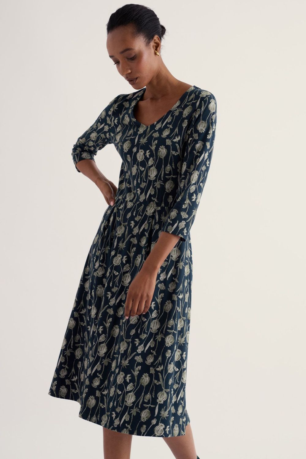 3/4 Pier View Dress in Lino Seedpods Maritime