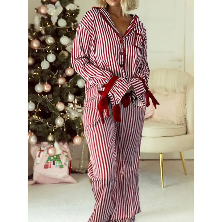 Red Stripe Bow Knot PJ set, Size: S