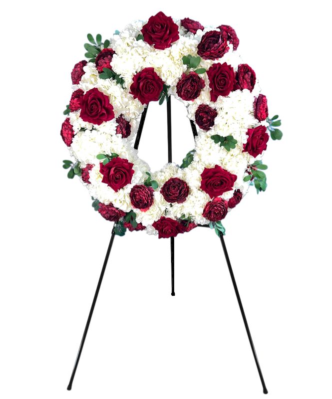 Red Rose w/ White Funeral Wreath