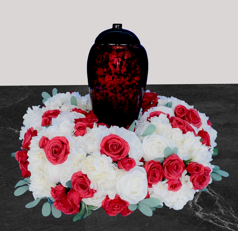 Red Rose w/ White Cremation Urn Wreath