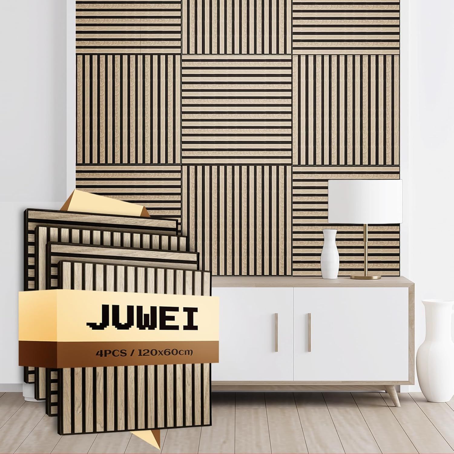 Panele akustyczne, zestaw 4 sztuk, 600 x 600 x 18 mm, 1,44 m², panele ścienne z drewna Panele akustyczne, zestaw 4 sztuk, 600 x 600 x 18 mm, 1,44 m², panele ścienne z drewna