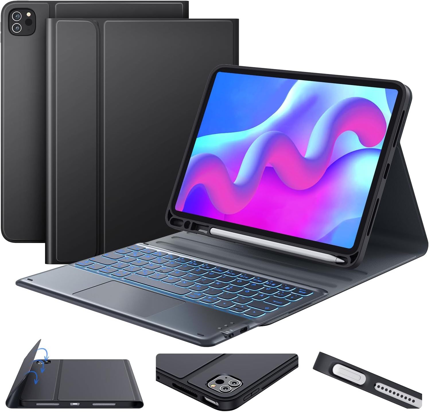 Earto Etui do iPada Air 11 cali z klawiaturą 2025/2024 (M3/M2), 7-kolorowe oświetlenie, klawiatura QWERTZ z touchpadem do iPada Pro 11, Air 5/4 10,9, czarne Earto Etui do iPada Air 11 cali z klawiaturą 2025/2024 (M3/M2), 7-kolorowe oświetlenie, klawiatura QWERTZ z touchpadem do iPada Pro 11, Air 5/4 10,9, czarne